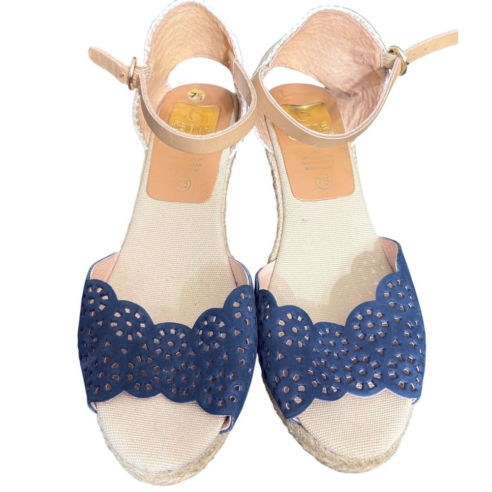Kanna Navy Blue Laser Cut Leather Espadrille Wedge Sandals‎ Made in Spain Sz 7.5